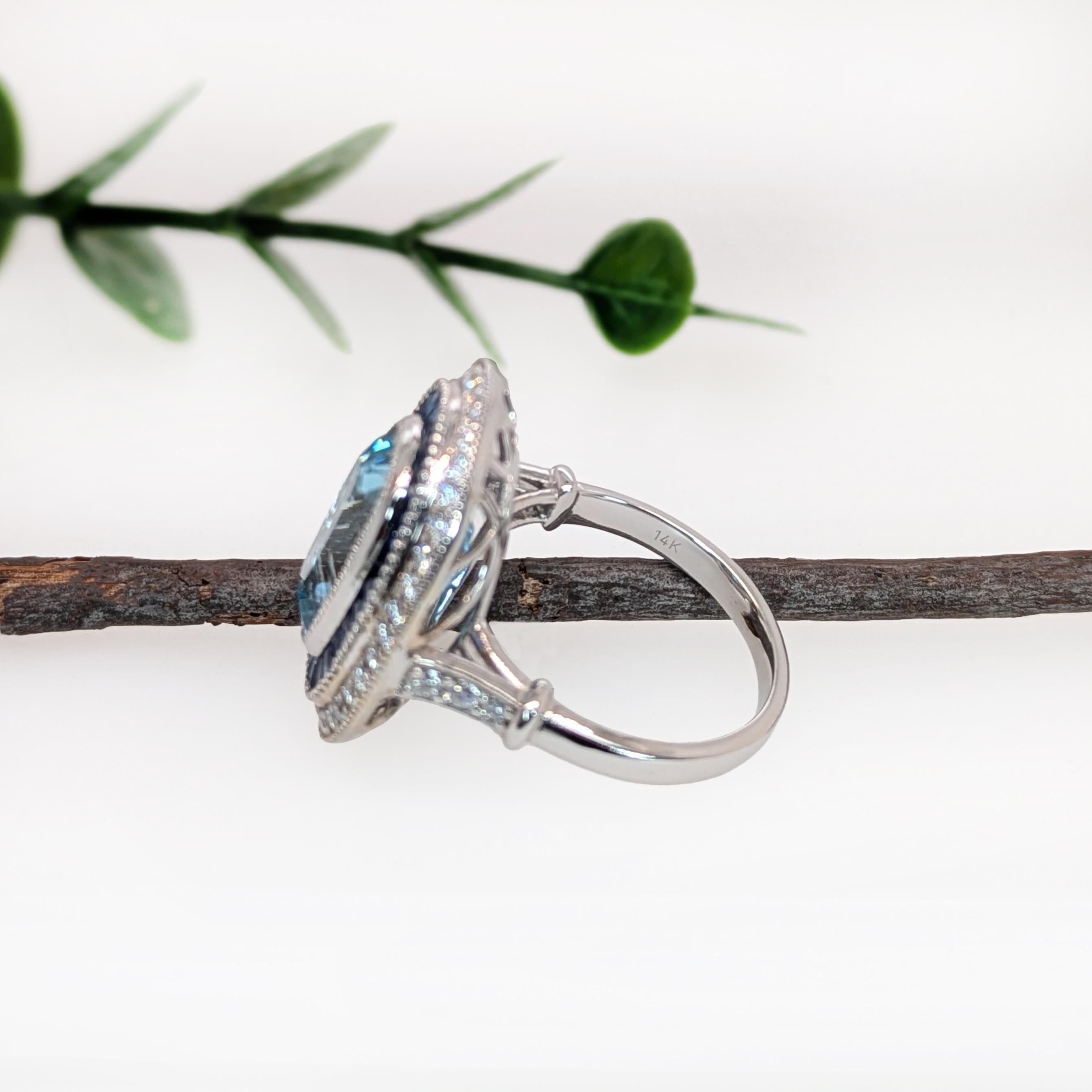 Women's 5.3ct Aquamarine Ring w Sapphire and Diamond Accents in 14K Gold  OV 13x9mm