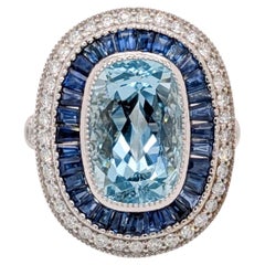 5.3ct Aquamarine Ring with Sapphire and Diamond Accents: Solid 14K Gold, 13x9mm