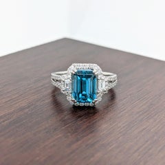 5.3ct Blue Zircon Ring in Platinum w Natural Diamonds Emerald Cut 9x7mm