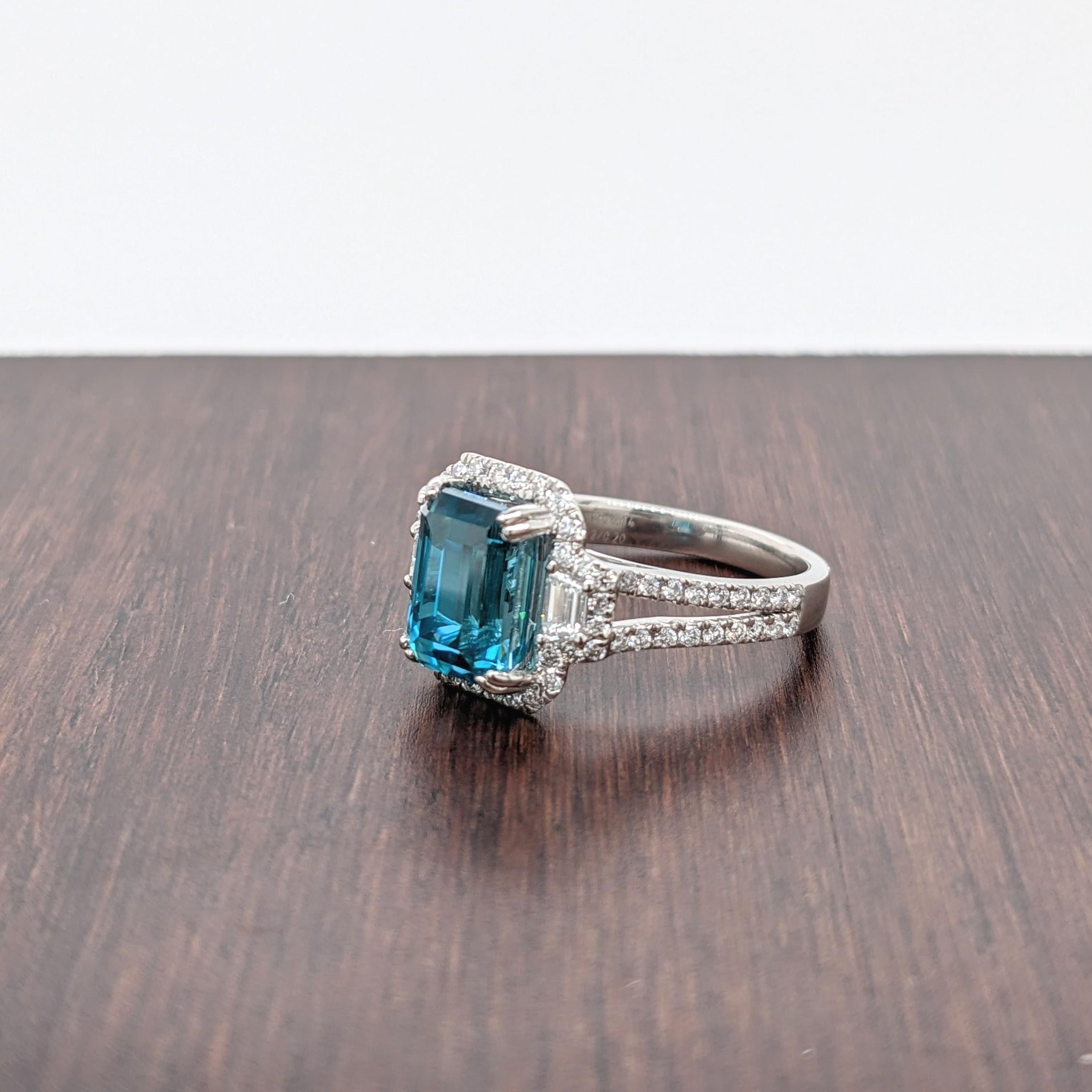 Art Deco 5.3ct Blue Zircon Ring in Platinum w Natural Diamonds Emerald Cut 9x7mm