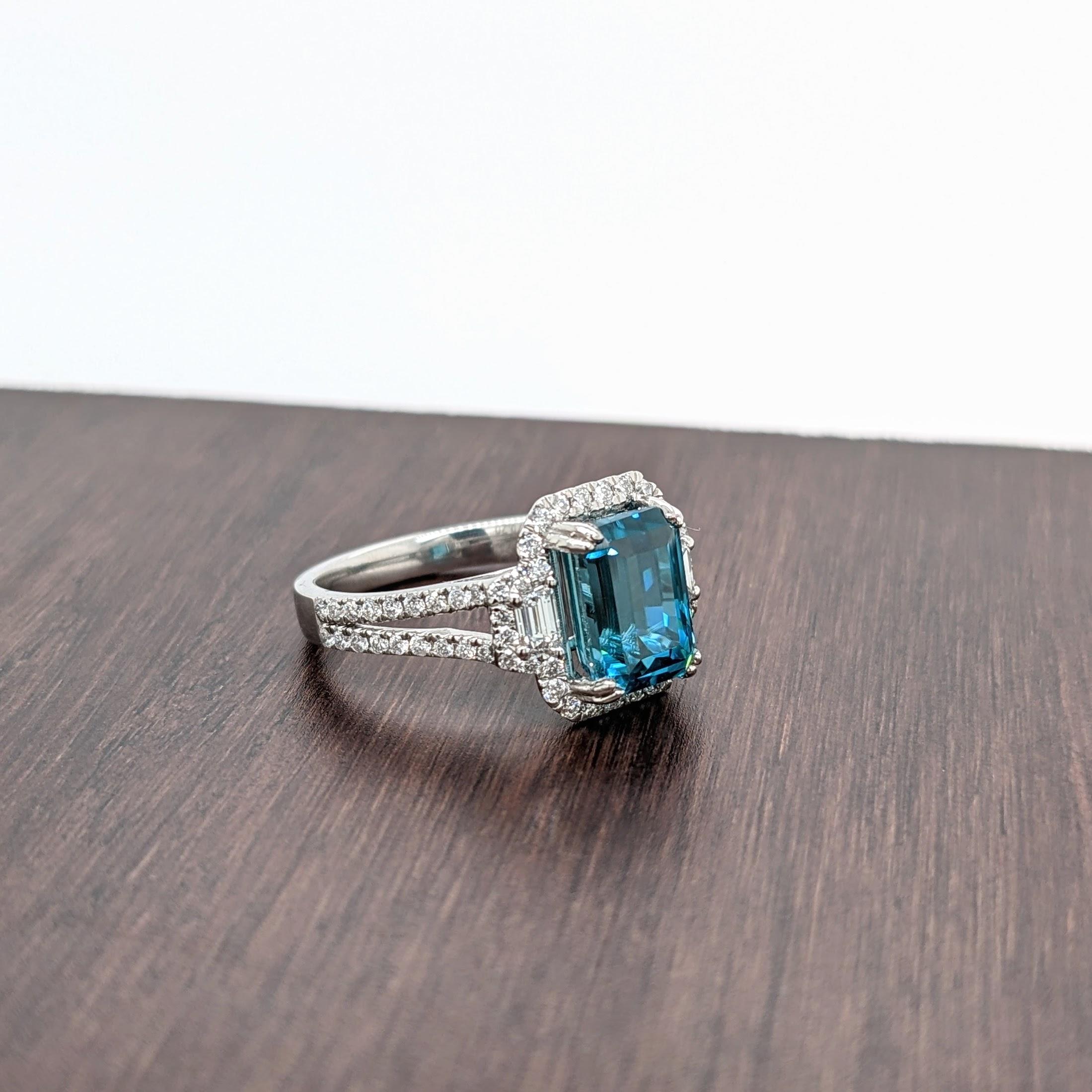 Women's 5.3ct Blue Zircon Ring in Platinum w Natural Diamonds Emerald Cut 9x7mm