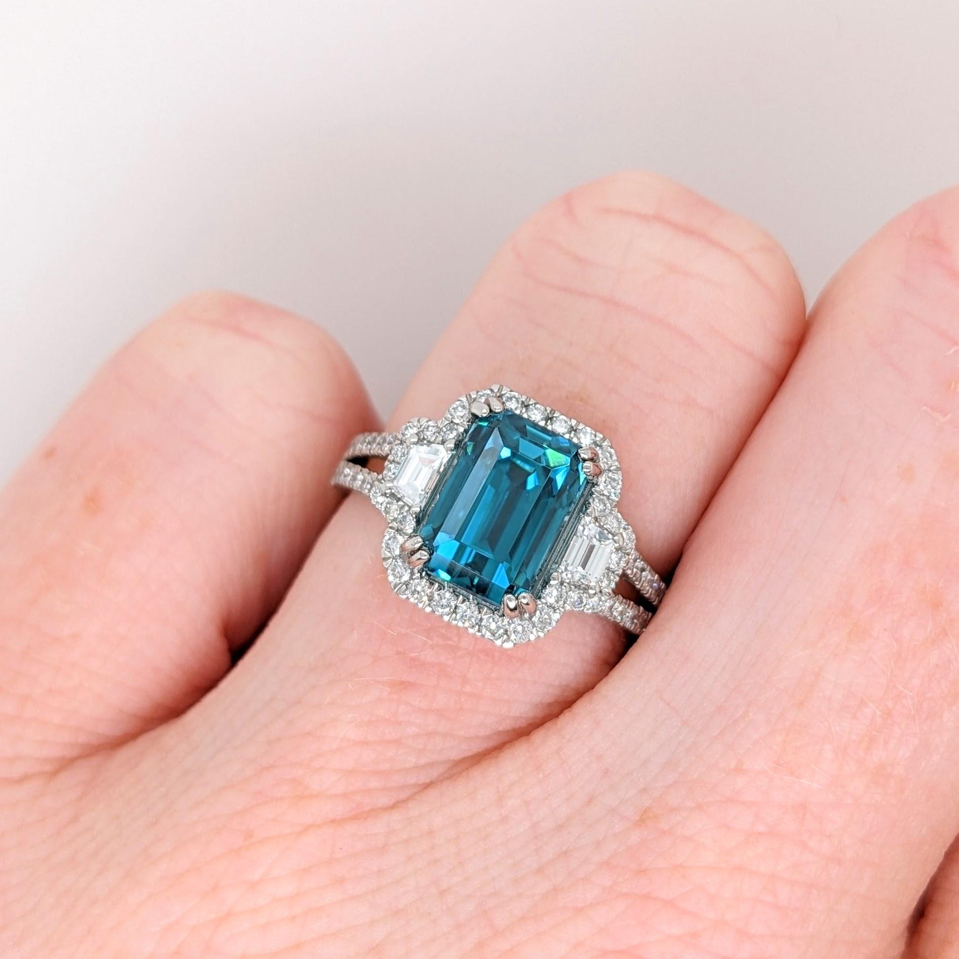 5.3ct Blue Zircon Ring in Platinum w Natural Diamonds Emerald Cut 9x7mm 2