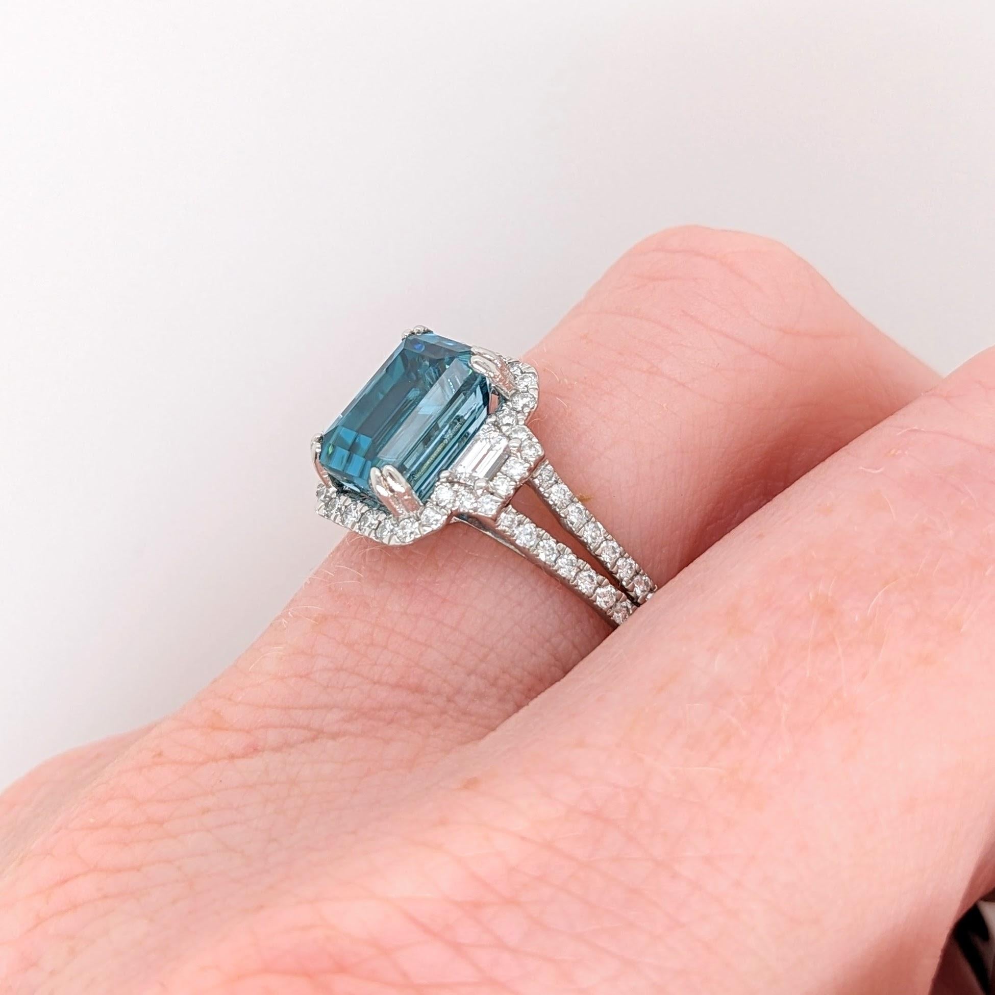 5.3ct Blue Zircon Ring in Platinum w Natural Diamonds Emerald Cut 9x7mm 3