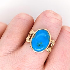 5.3ct Turquoise Ring with Earth Mined Diamond Accents: in Solid 14K Gold 16x12mm