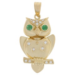 .53ctw Round Cabochon Cut Emerald & Diamond Owl Pendant, 18k Yellow Gold Bird