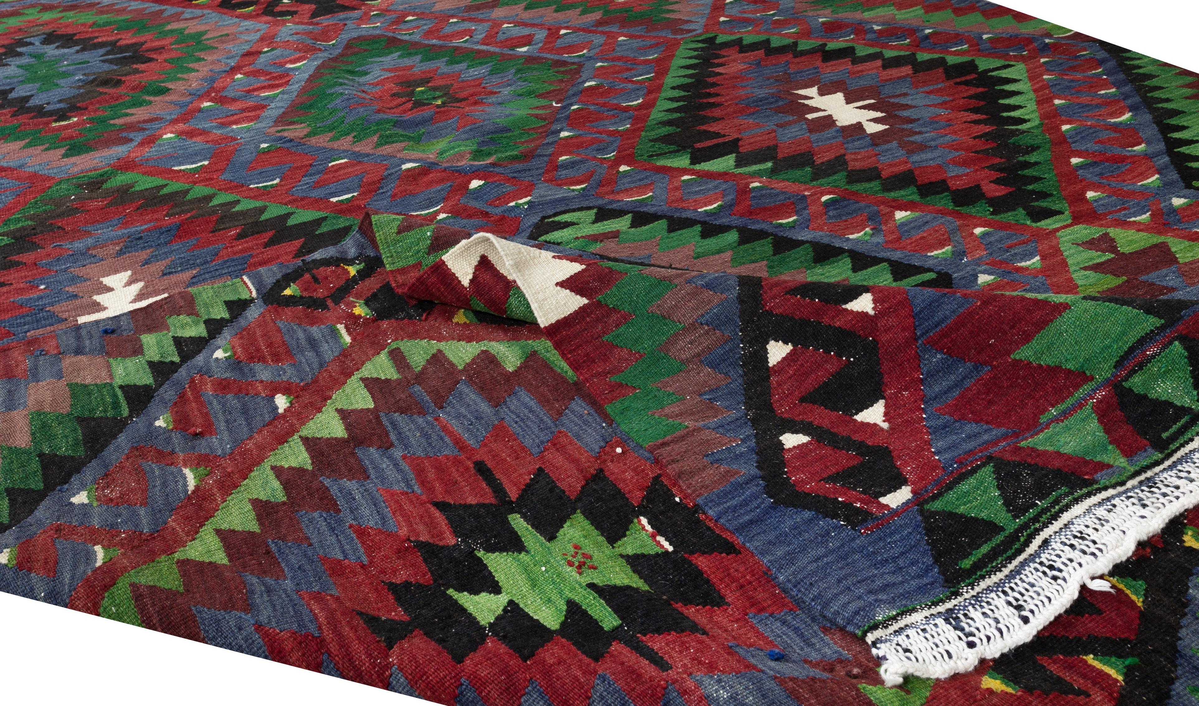 Hand-Woven 5.3x10.4 Ft Colorful Turkish Kilim with Hand-Spun Wool, Vintage Geometric Rug For Sale