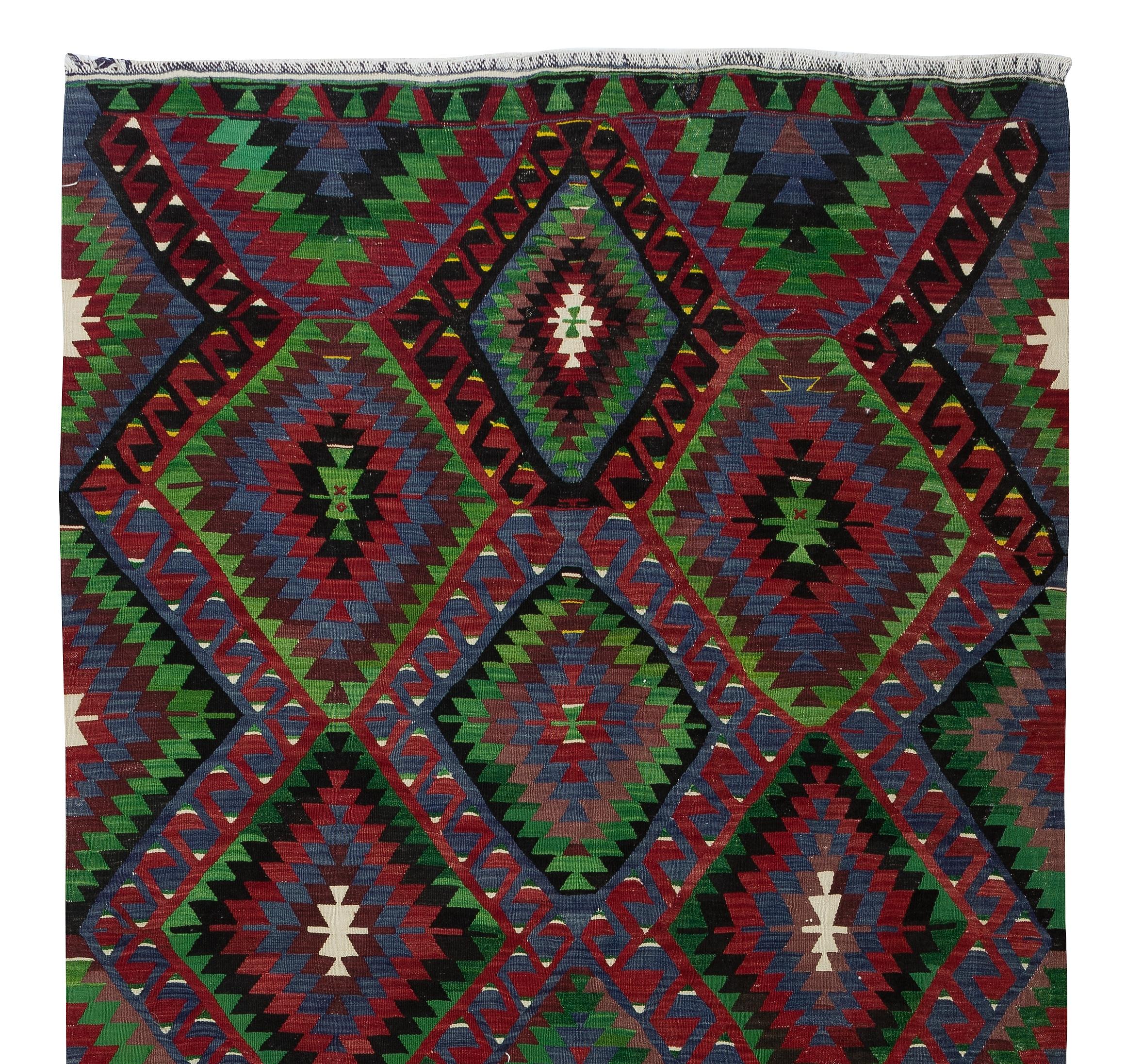 20th Century 5.3x10.4 Ft Colorful Turkish Kilim with Hand-Spun Wool, Vintage Geometric Rug For Sale