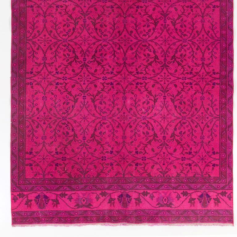 Hand-Knotted 5.3x10.8 Ft Vintage Handmade Rug Re-Dyed in Fuchsia pink, Woolen Turkish Carpet For Sale