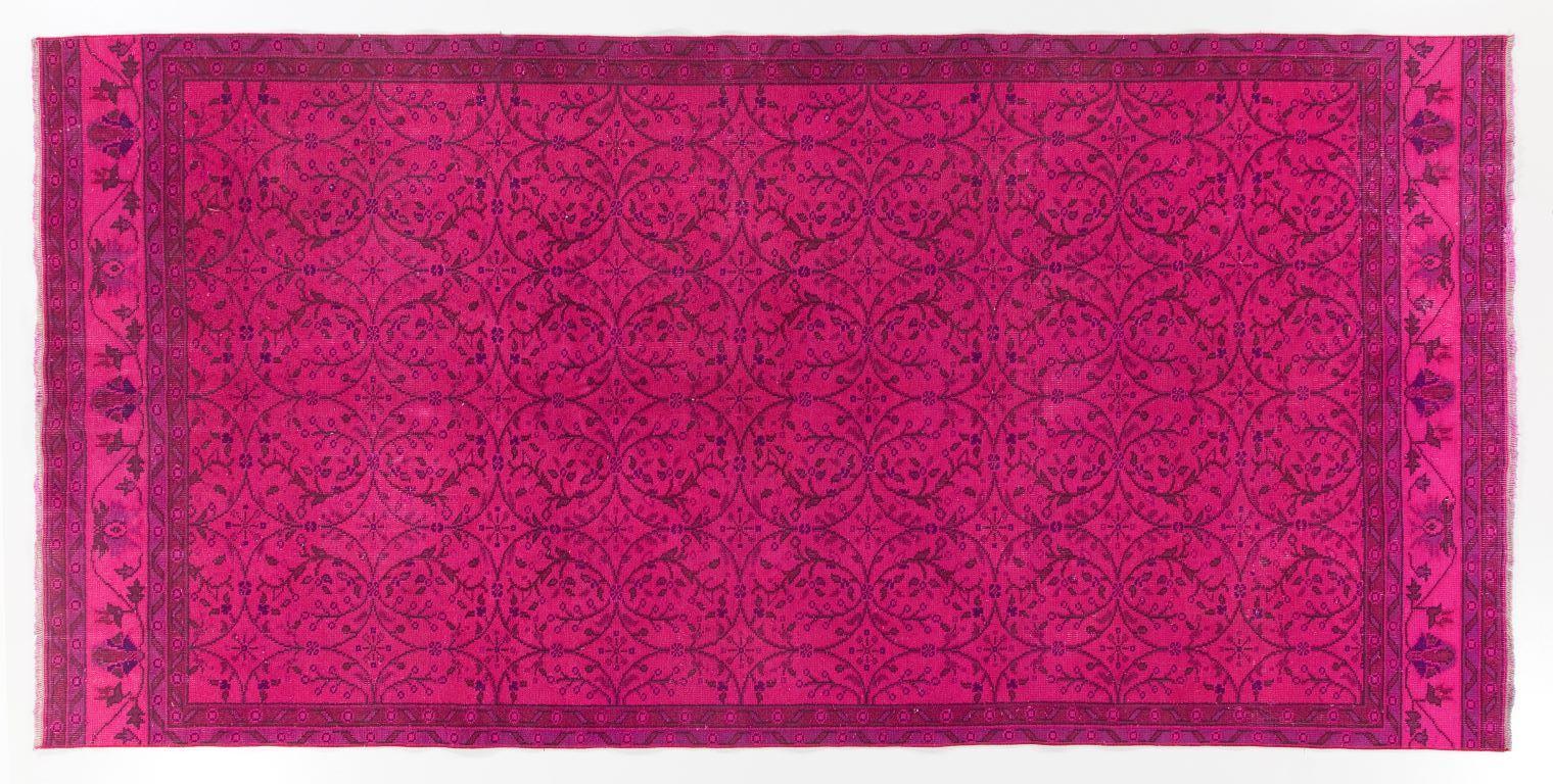 5.3x10.8 Ft Vintage Handmade Rug Re-Dyed in Fuchsia pink, Woolen Turkish Carpet In Good Condition For Sale In Philadelphia, PA