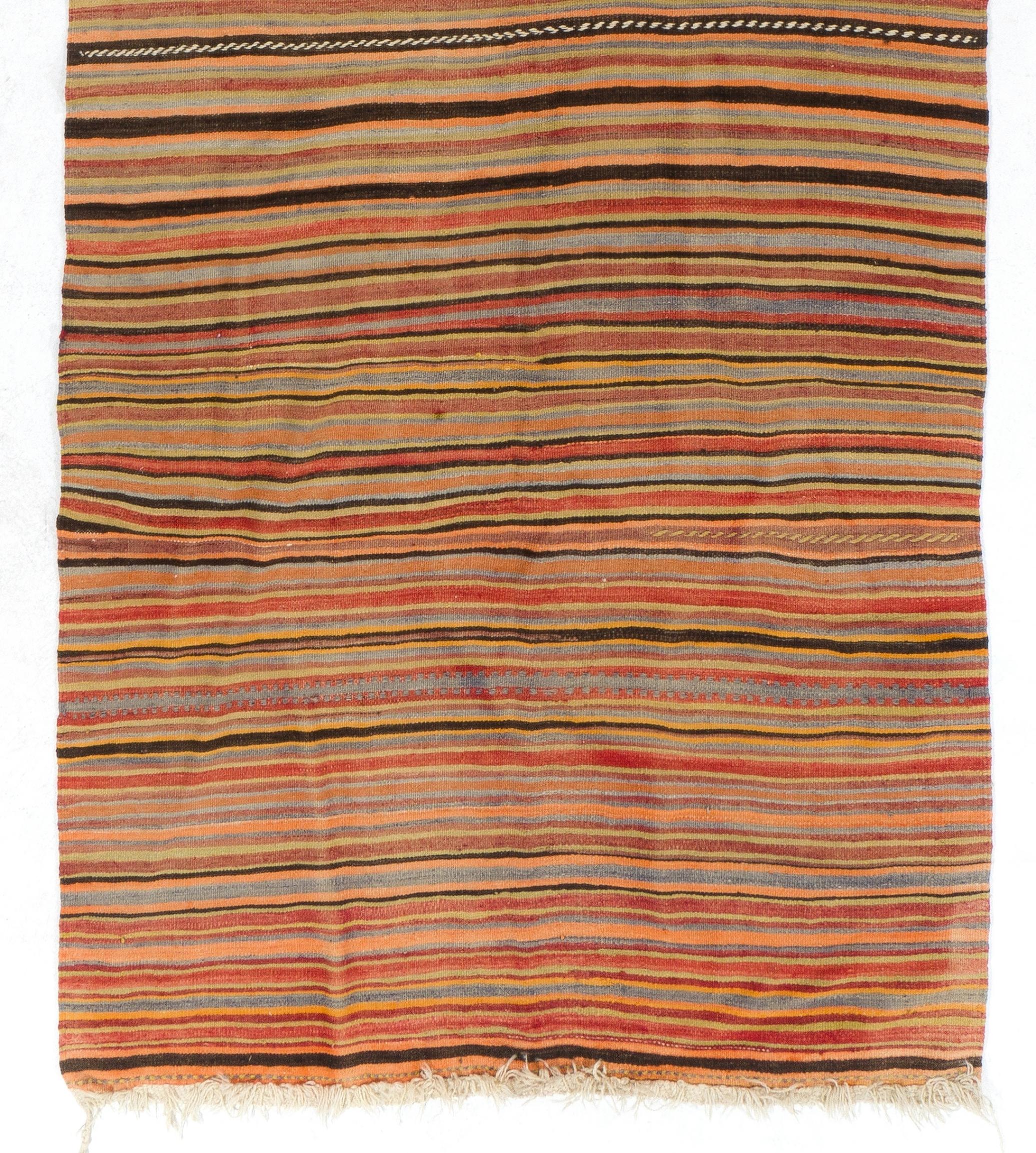 Hand-Woven Handmade Vintage Banded Turkish Wool Kilim 