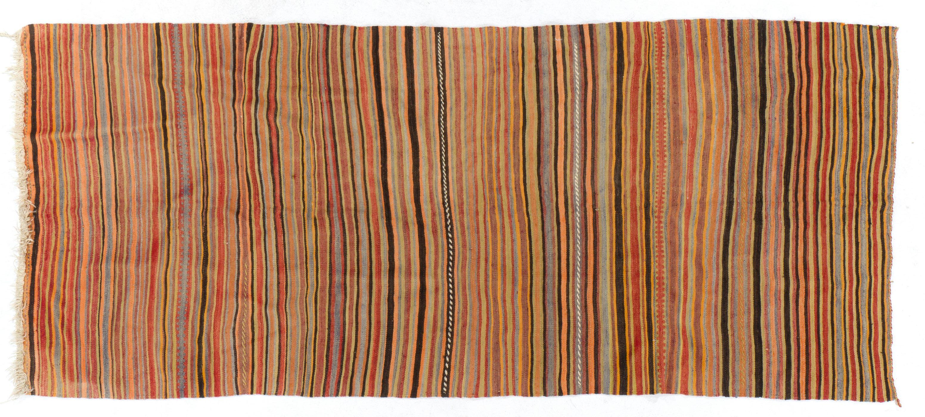 Handmade Vintage Banded Turkish Wool Kilim 
