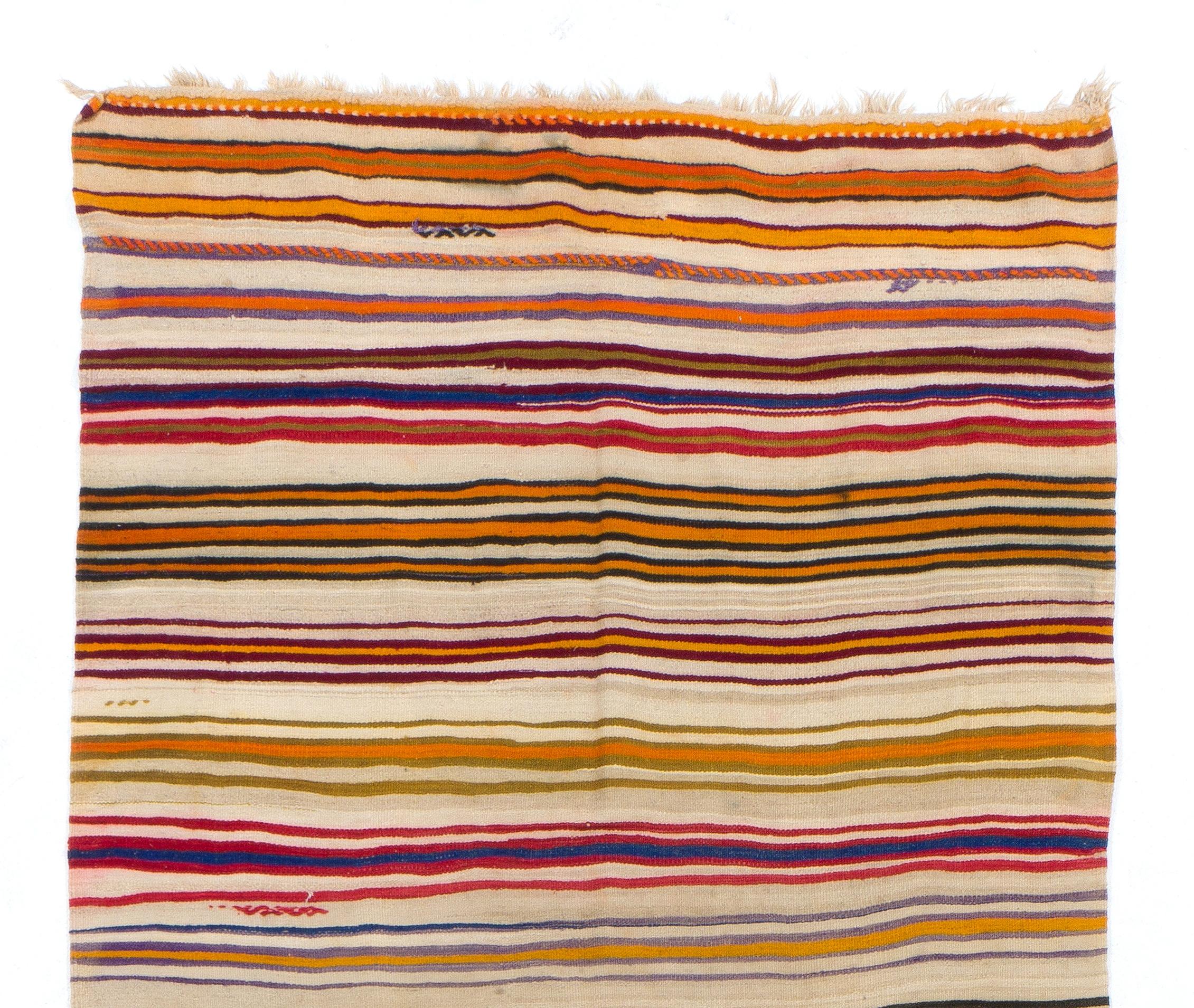 Turkish 5.3x13.7 ft Handmade Vintage Banded Anatolian Kilim, Flat-Weave Rug, 100% Wool For Sale