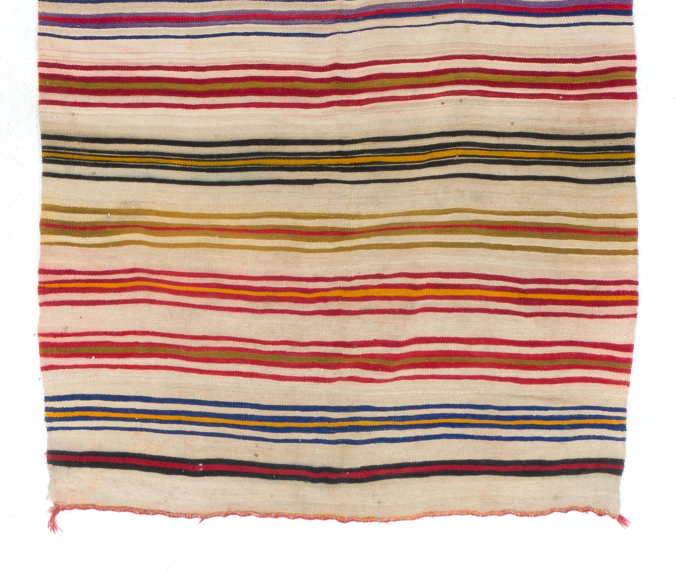 Hand-Woven 5.3x13.7 ft Handmade Vintage Banded Anatolian Kilim, Flat-Weave Rug, 100% Wool For Sale