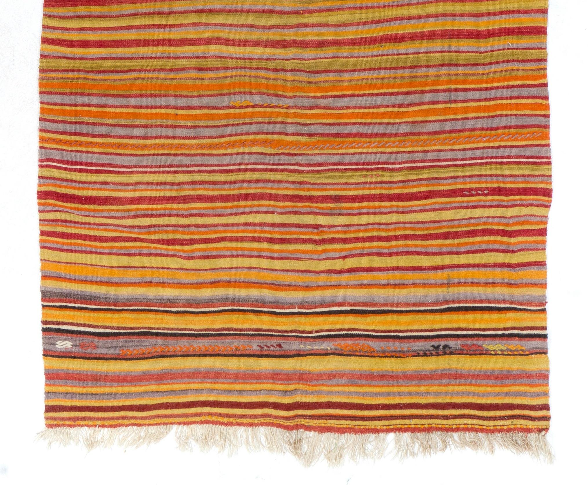 Banded Handwoven Vintage Turkish Runner Kilim 'Flat-Weave', All Wool In Good Condition In Philadelphia, PA