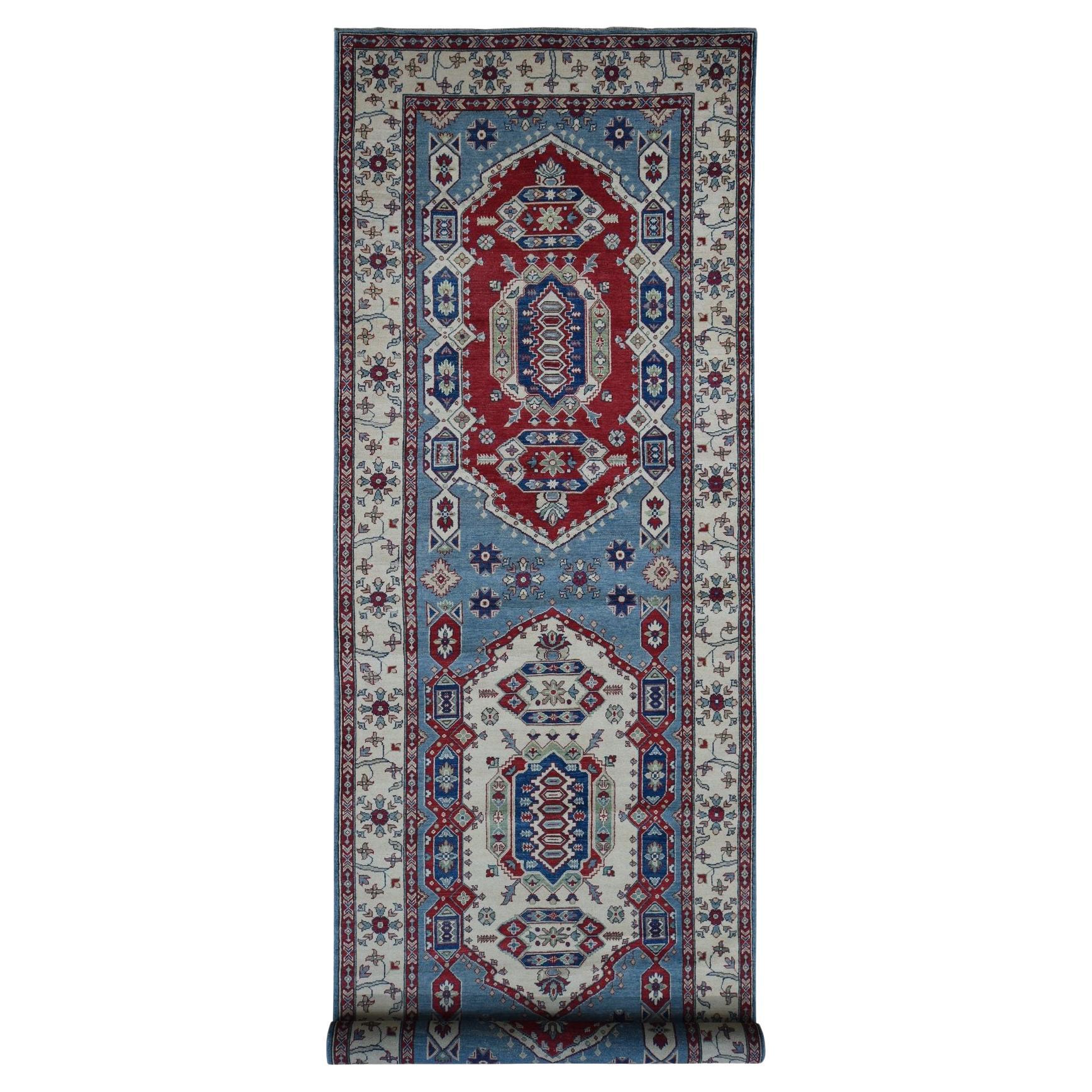 5'3"x19'9" Blue Hand Knotted 100% Wool Kazak Extra Wide and Narrow Runner Rug For Sale