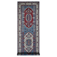 5'3 "x19'9" Azul Anudada a Mano 100% Lana Kazak Alfombra Extra Ancha y Estrecha para Correr
