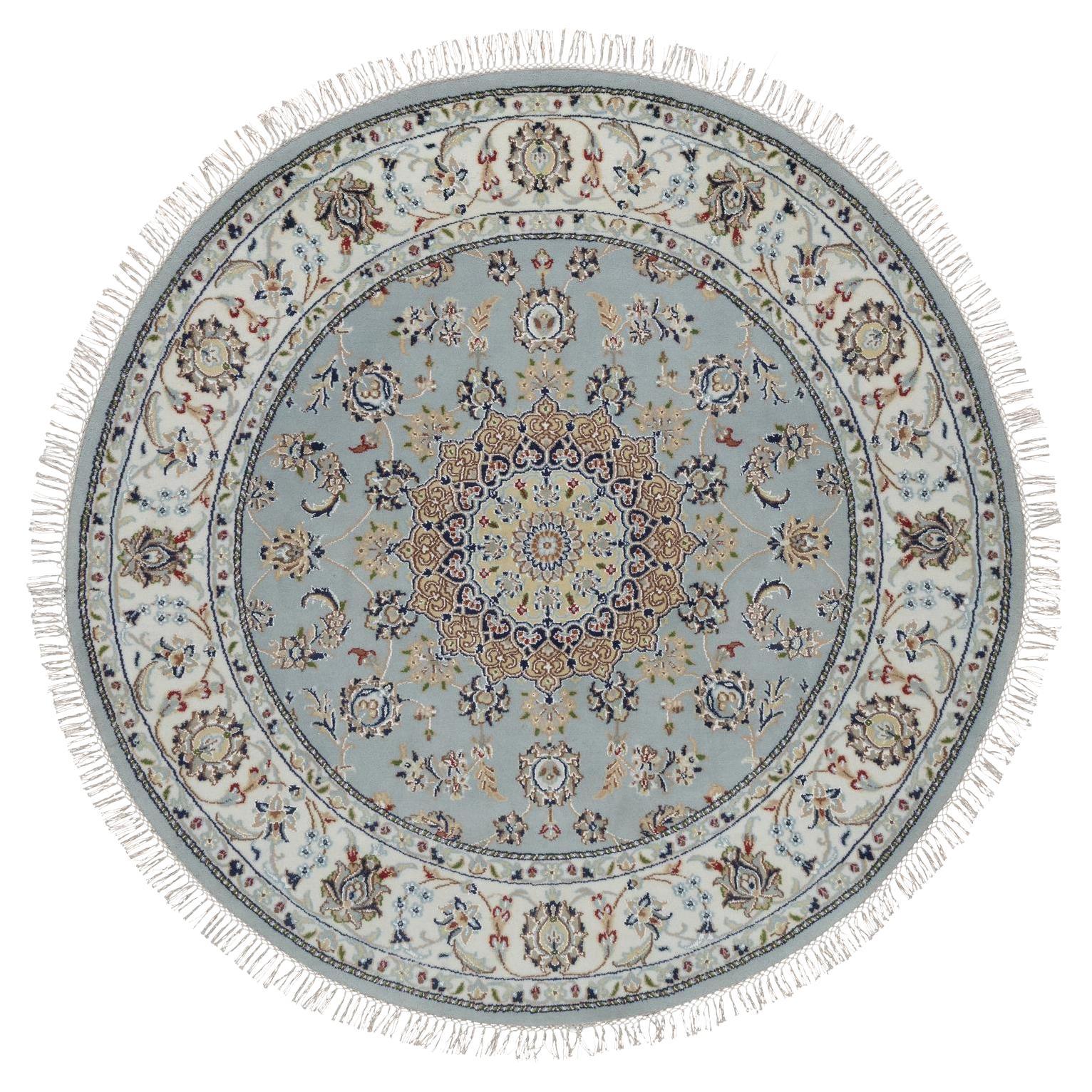 5
3"x5
3" Light Blue Nain Flower Design Hand Knotted Wool and Silk Round Rug