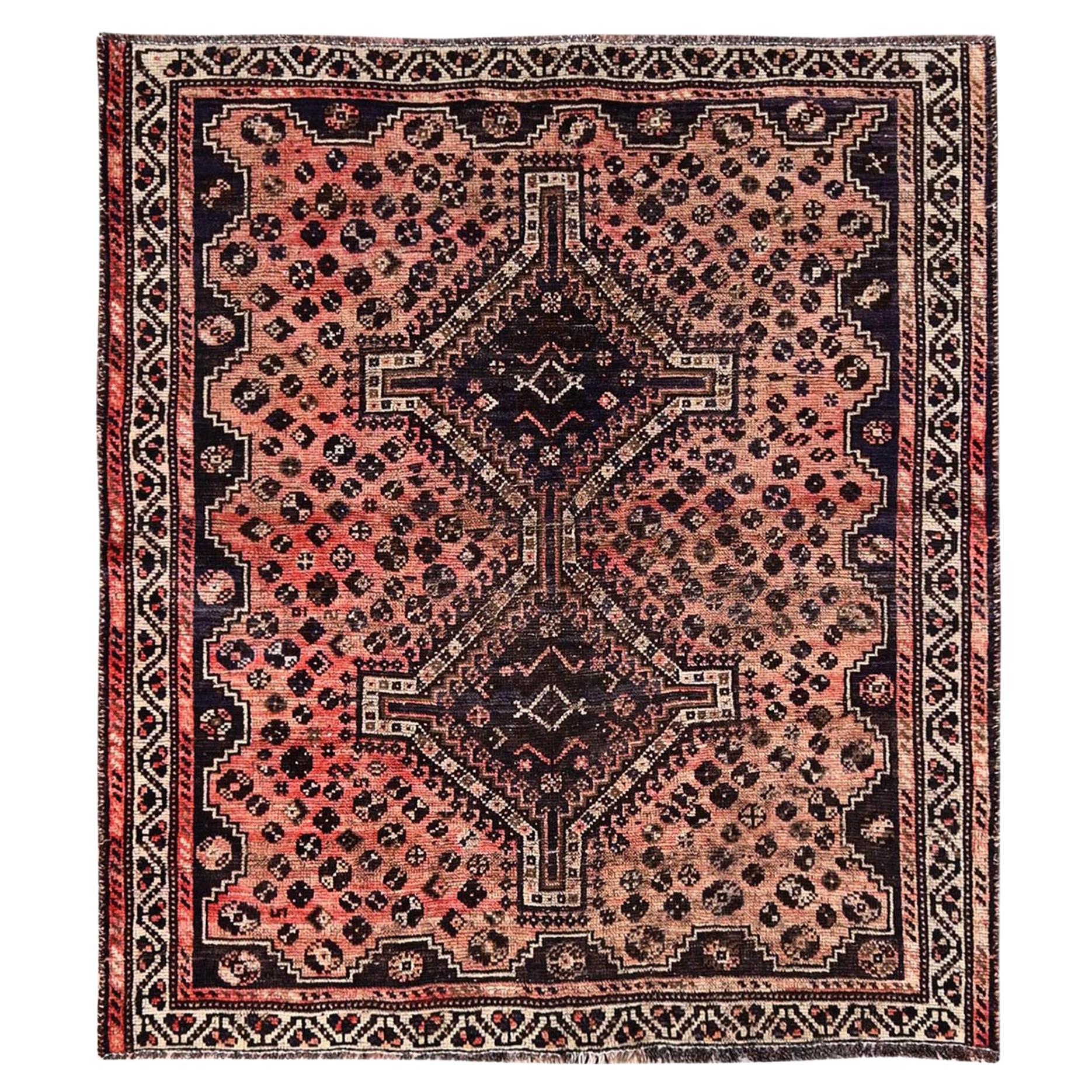 5
3"x6
 Blush Red Vintage Persian Shiraz Hand Knotted Wool Sheared Low Rug For Sale