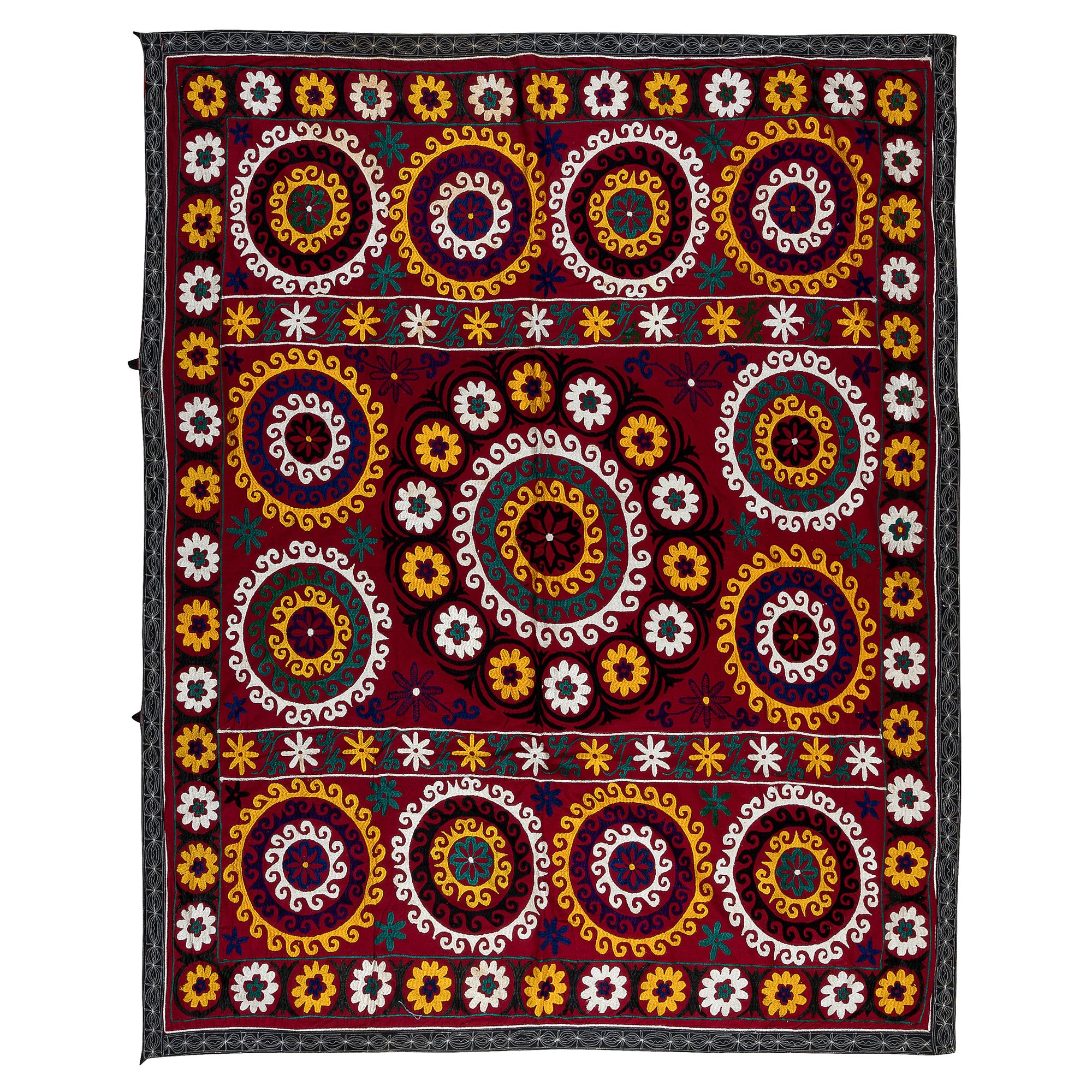 5.3x6 Ft Wunderschöner Wandbehang aus Seide in Rot, Stickerei-Überwurf, 1970er Jahre Bettspread