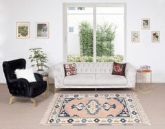 5.3x6 Ft Vintage Handknotted Turkish Geometric Wool Rug in Peach, Blue and Ivory