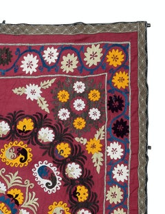 5.3x6.2 Ft Vintage Embroidered Red Bed Cover, Uzbek Silk & Cotton Wall Hanging