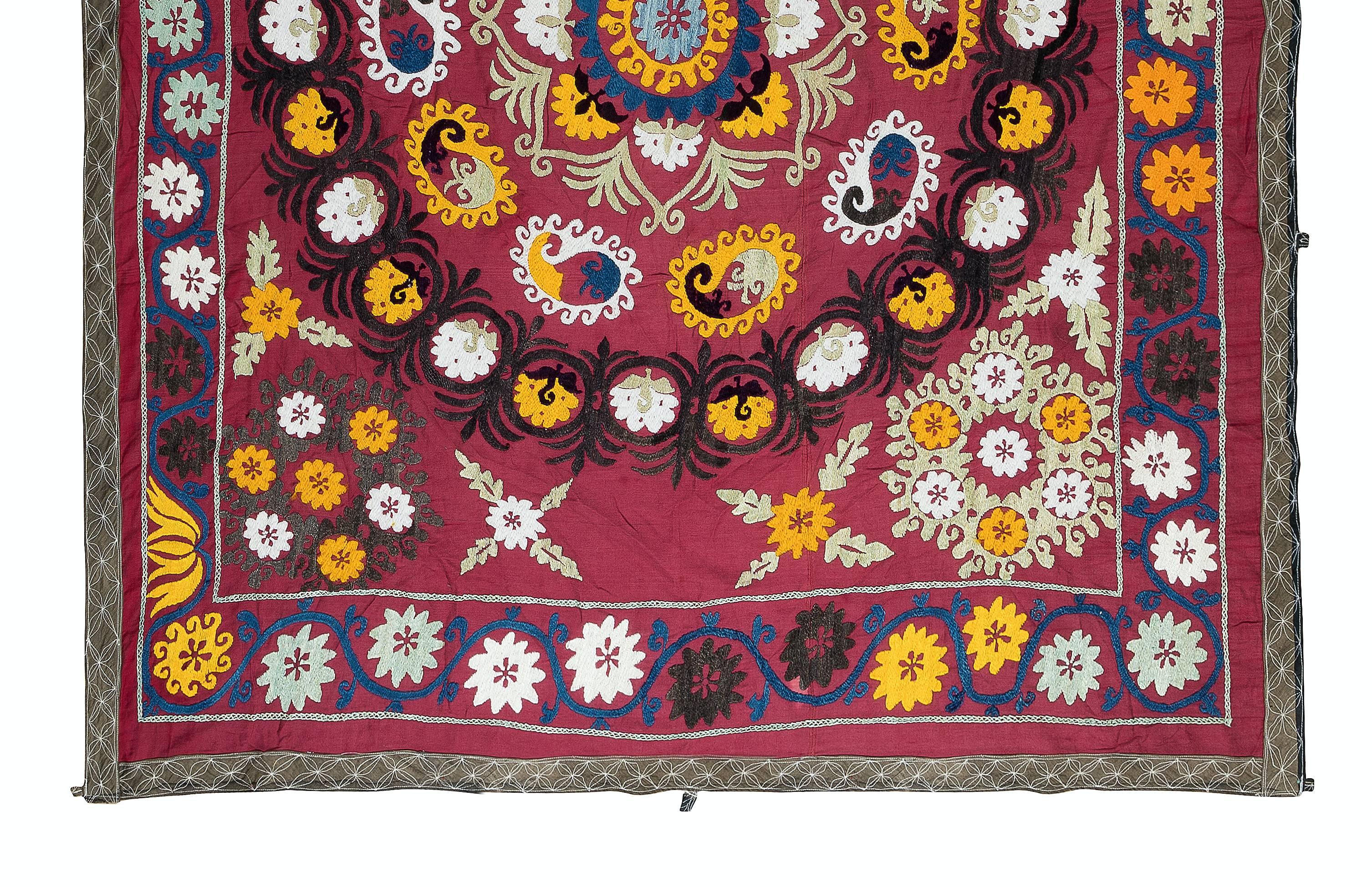 Suzani 5.3x6.2 Ft Vintage Hand Embroidered Bed Cover, Uzbek Silk & Cotton Wall Hanging For Sale