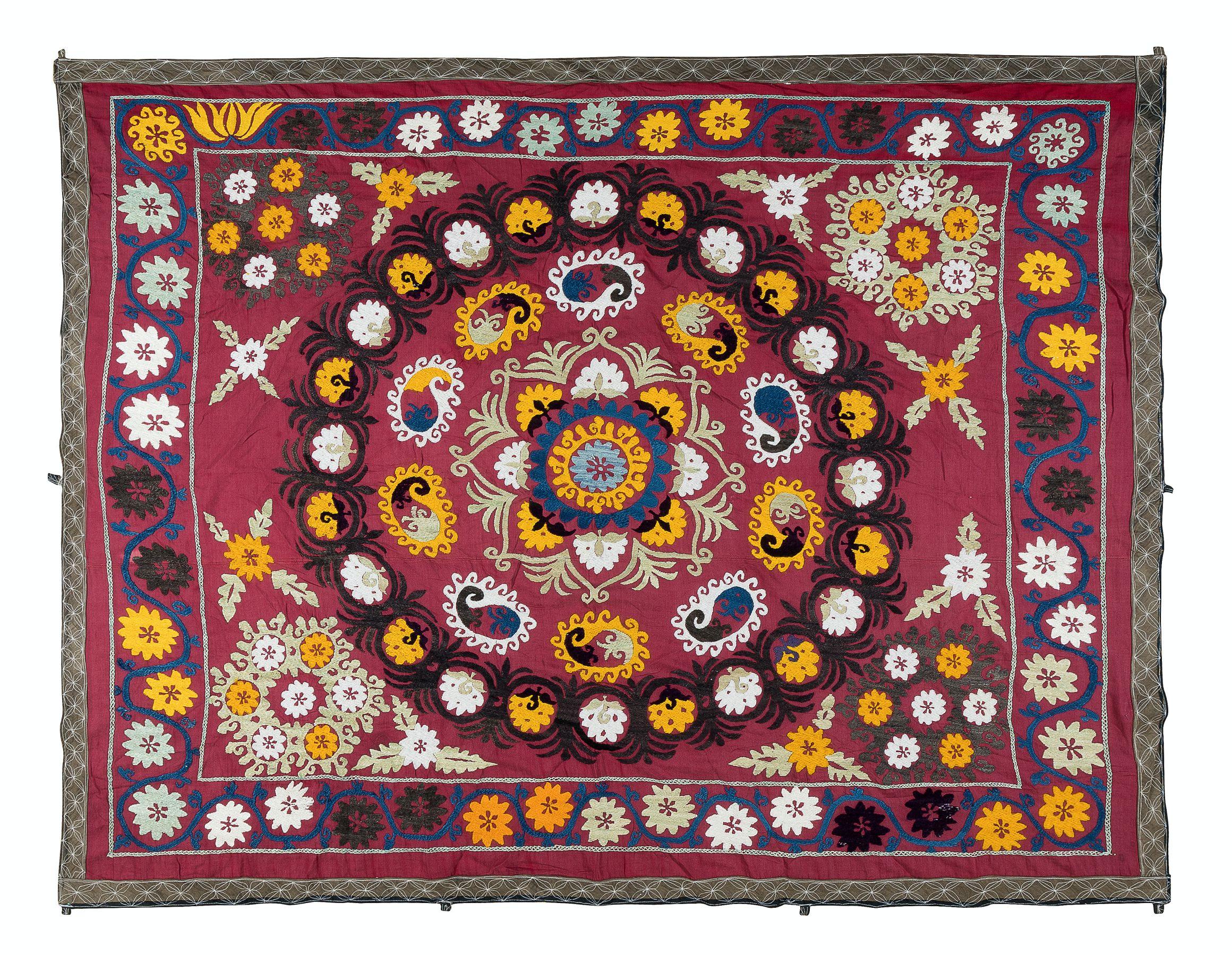 20th Century 5.3x6.2 Ft Vintage Hand Embroidered Bed Cover, Uzbek Silk & Cotton Wall Hanging For Sale
