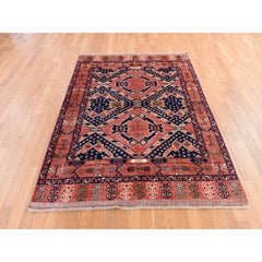 5'3"x6'6" Orange Afghan Ersari with Geometric Design Soft Wool Hand Knotted Rug