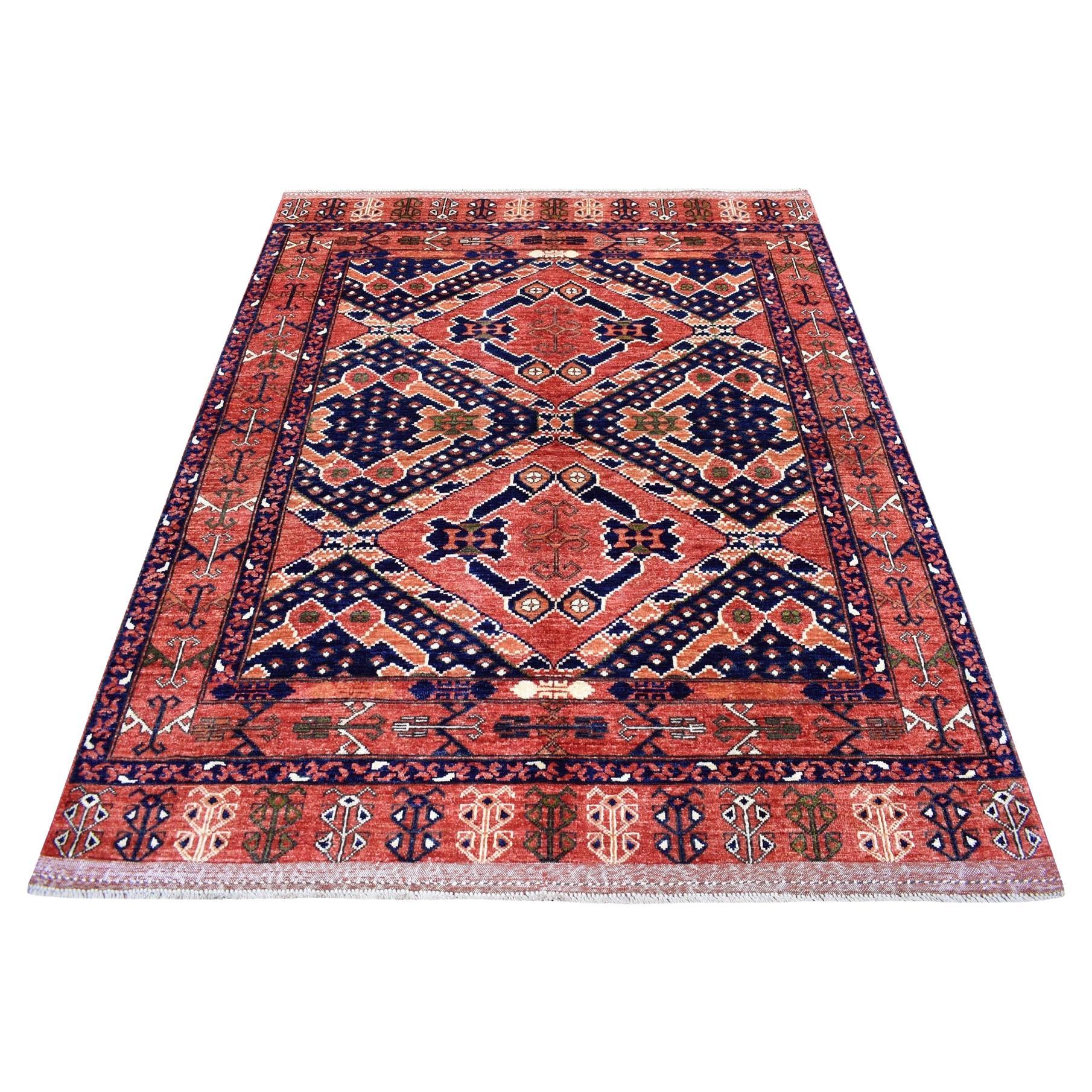 5'3"x6'6" Pure Wool Red Afghan Ersari Geometric Design Hand Knotted Oriental Rug