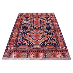 Alfombra Oriental Anudada a Mano con Diseño Geométrico Ersari Rojo Afgano de Lana Pura de 5'3 "x6'6