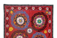 5.3x6.8 Ft Uzbek Silk Embroidery Bed Cover, Vintage Suzani Wall Hanging in Red