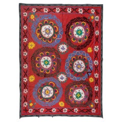 5.3x6.8 Ft Uzbek Silk Embroidery Bed Cover, Vintage Suzani Wall Hanging in Red