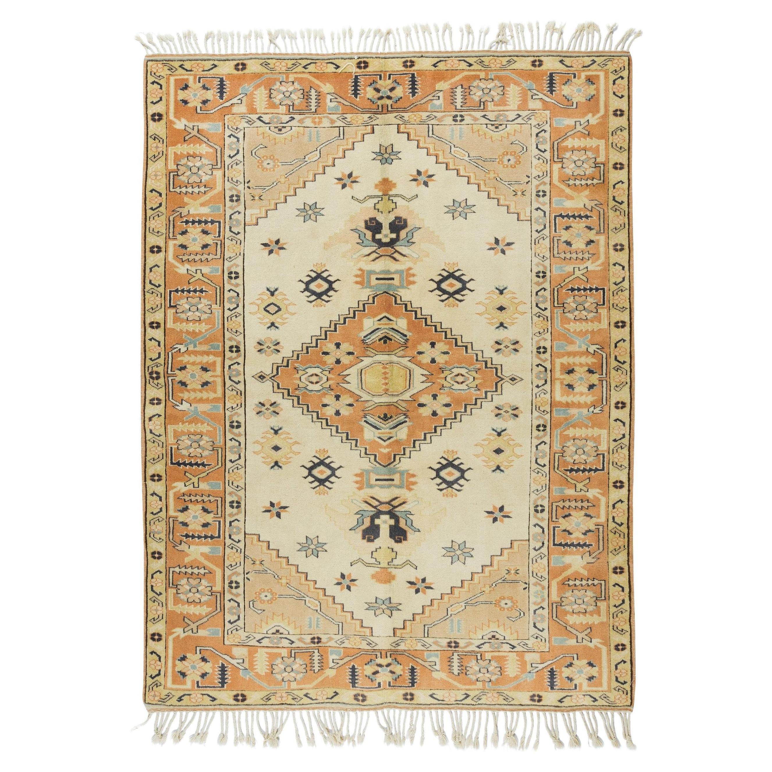 5.3x6.9 Ft Modern Handmade Turkish Wool Area Rug with Geometric Medallion Design For Sale