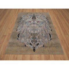 5'3"x7' Brown The Maharaja Lion Novelty Wool & Silk Hand Knotted Oriental Rug