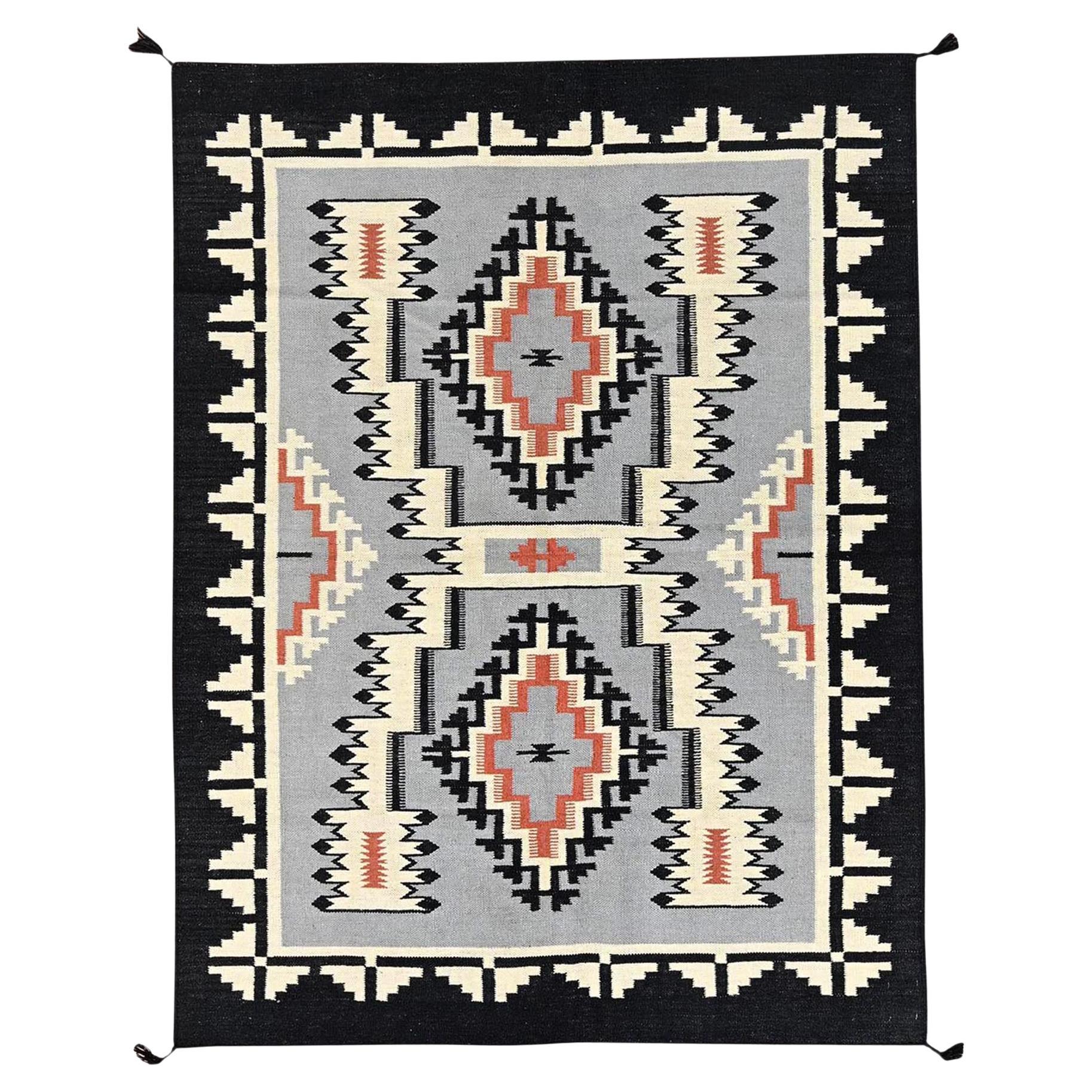 5
3"x7
Gray Hand Woven Pure Wool American Indian Southwest Flat Weave Rug
