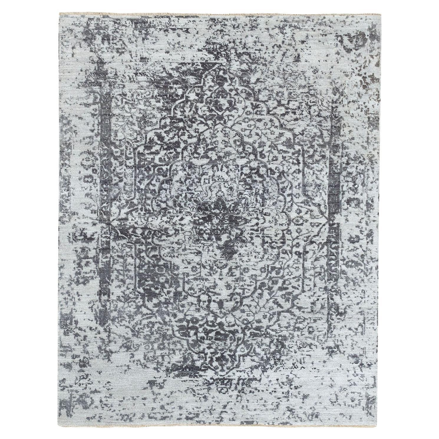5'3"x7' Grauer handgeknüpfter orientalischer Teppich aus Wolle und reiner Seide mit persischem Broken-Design