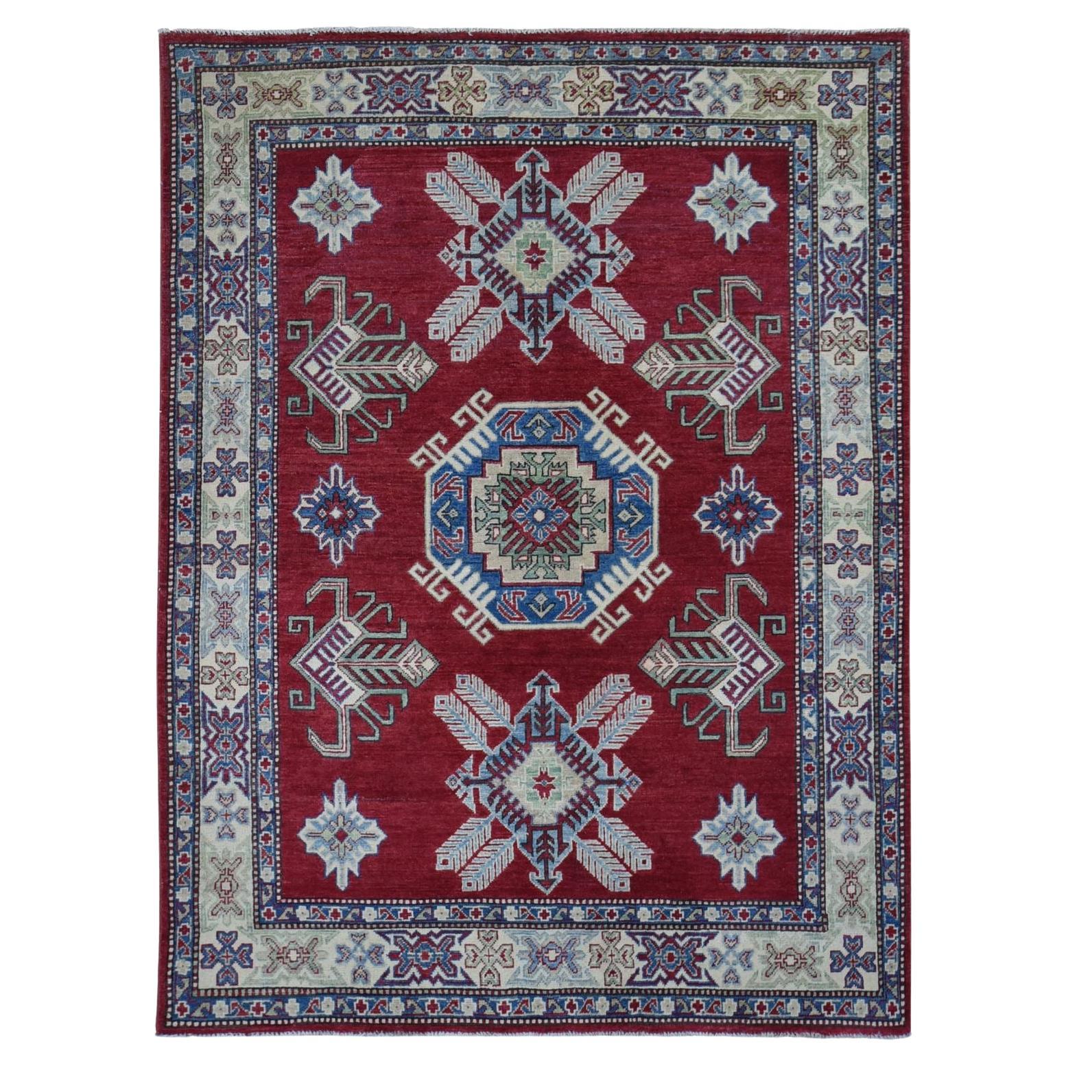 5
3 "x7
1" Rosso, Kazak speciale afghano con disegno geometrico, Tappeto in lana annodato a mano