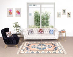 5.3x7.7 Ft Vintage Handknotted Turkish Geometric Wool Rug in Peach, Blue & Ivory