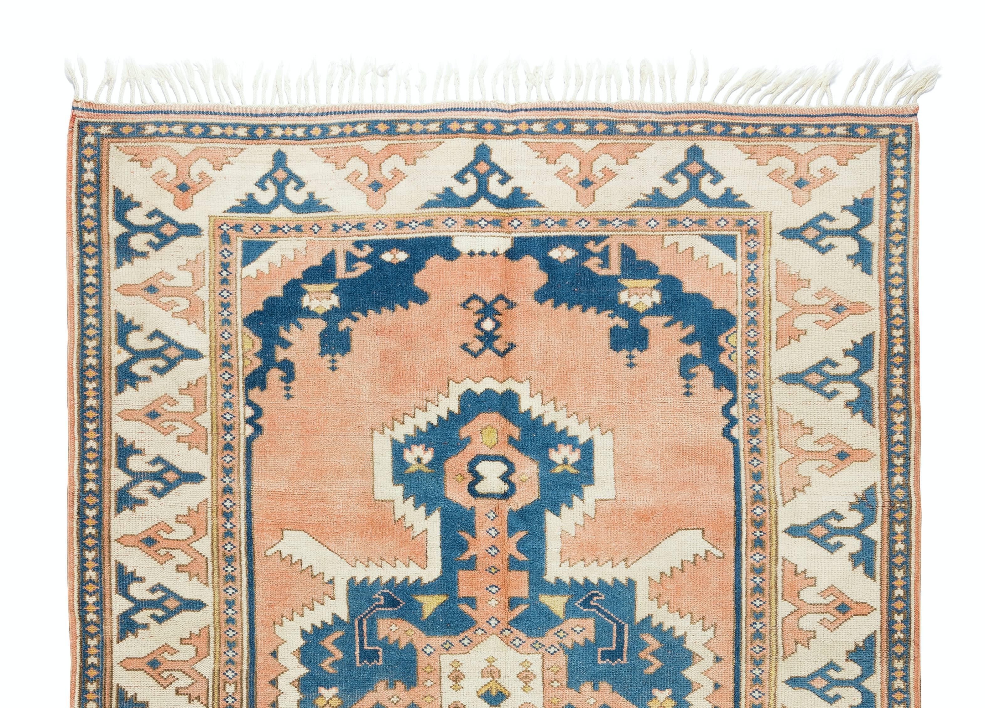 Hand-Knotted 5.3x7.7 Ft HandKnotted 1960s Turkish Village Rug with Geometric Medallion Design For Sale