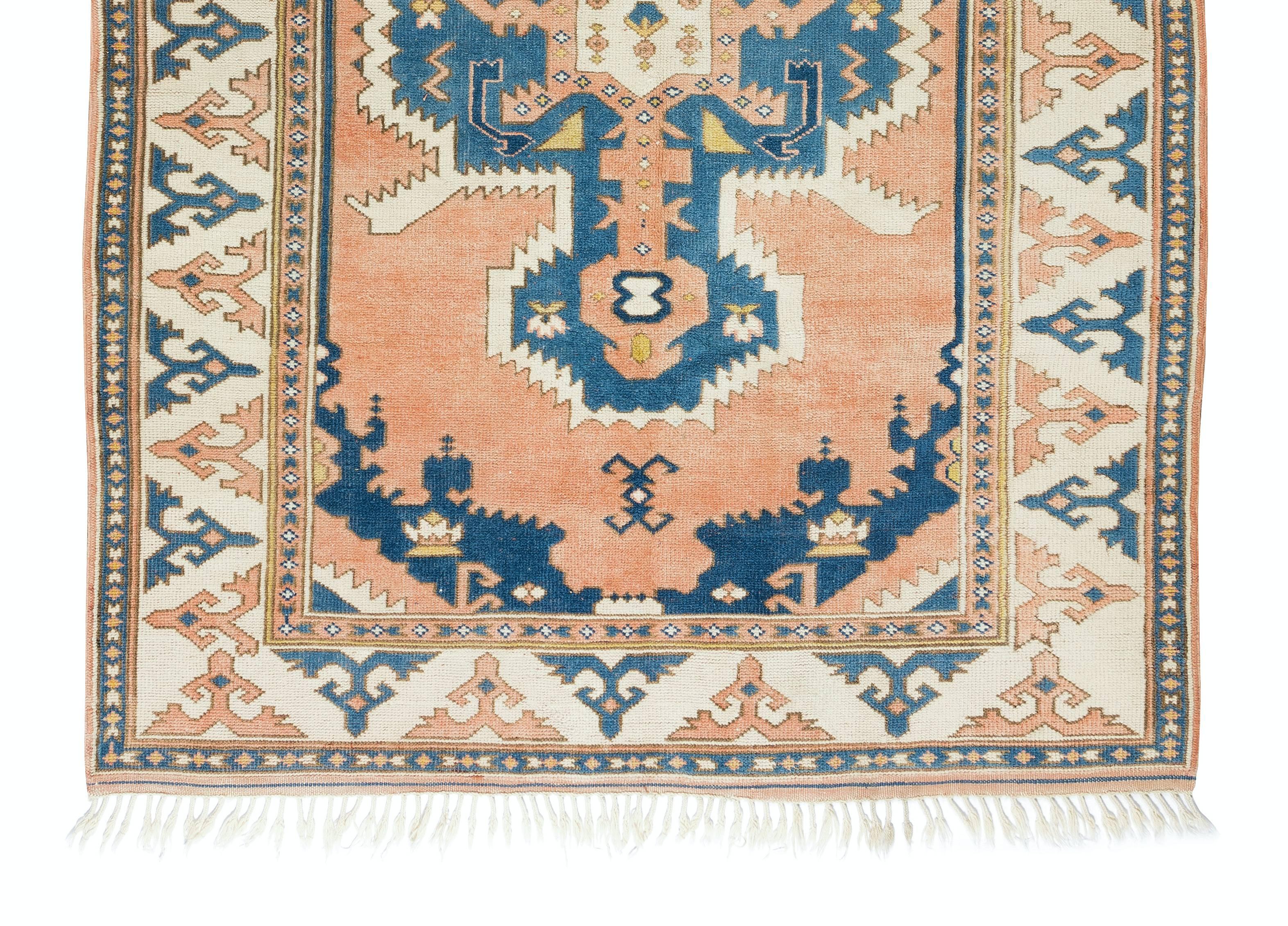 5.3x7.7 Ft HandKnotted 1960s Turkish Village Rug with Geometric Medallion Design In Good Condition For Sale In Philadelphia, PA