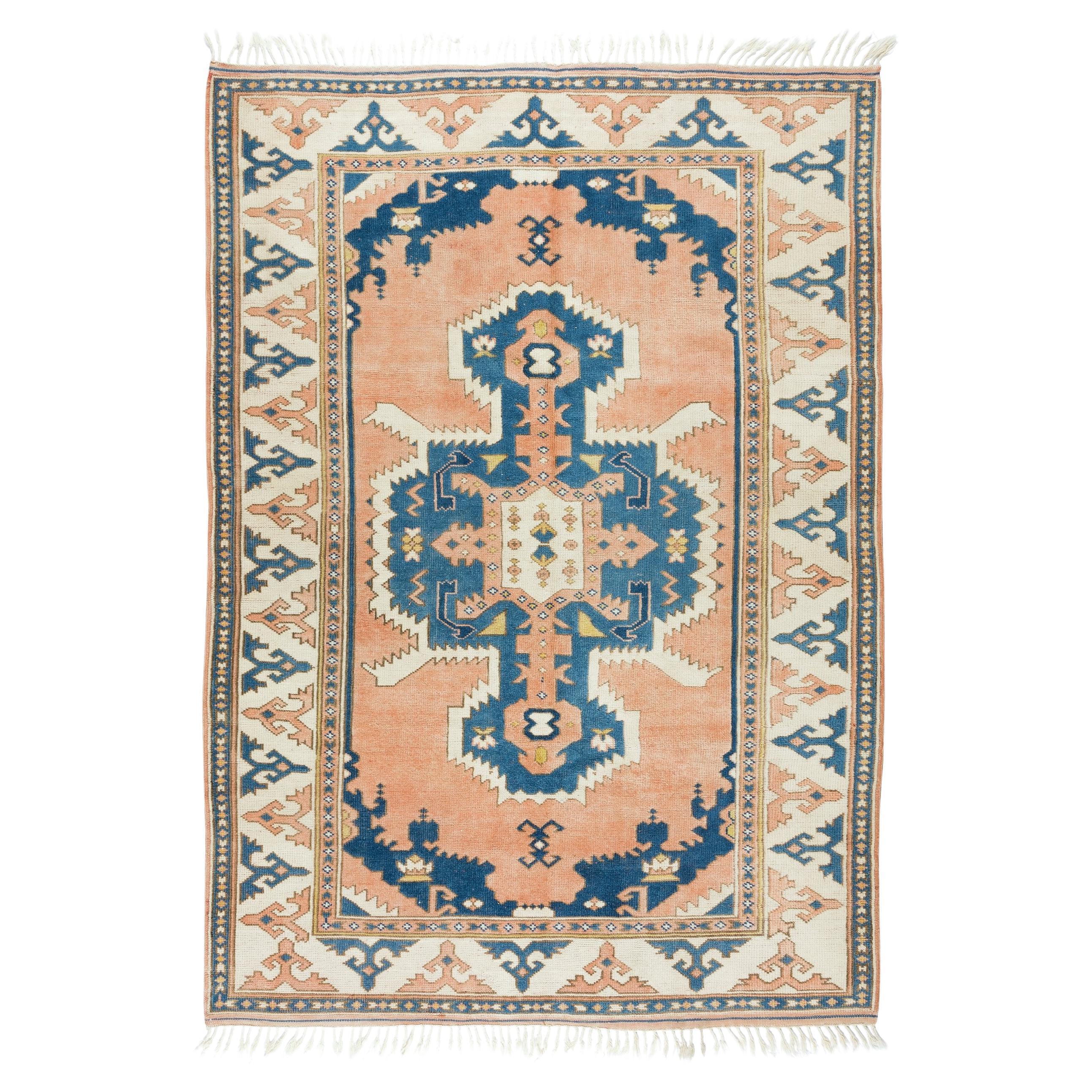 5.3x7.7 Ft HandKnotted 1960s Turkish Village Rug with Geometric Medallion Design For Sale