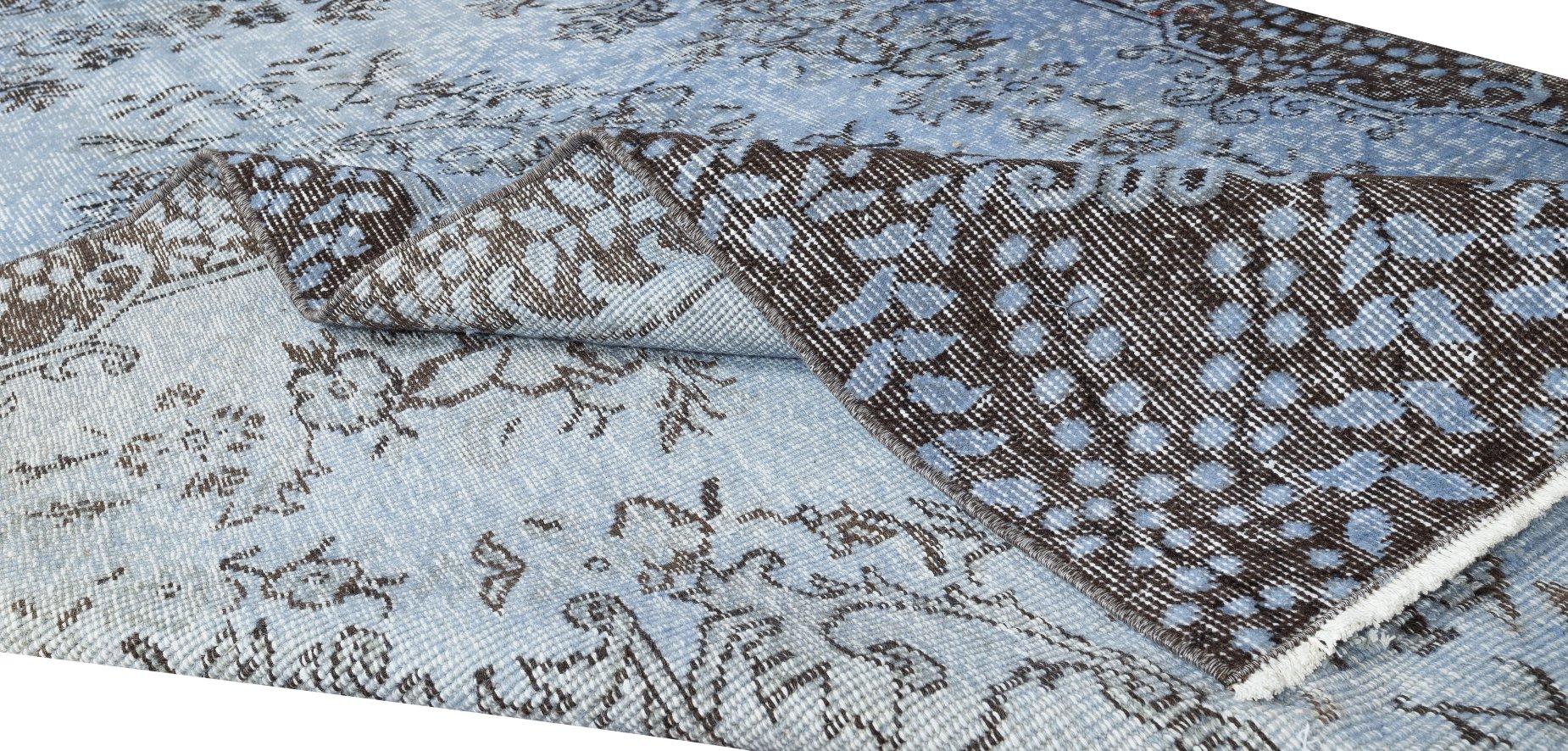 Hand-Knotted 5.3x7.8 Ft Modern Handmade Rug. Turkish Vintage Carpet Over-Dyed in Light Blue For Sale