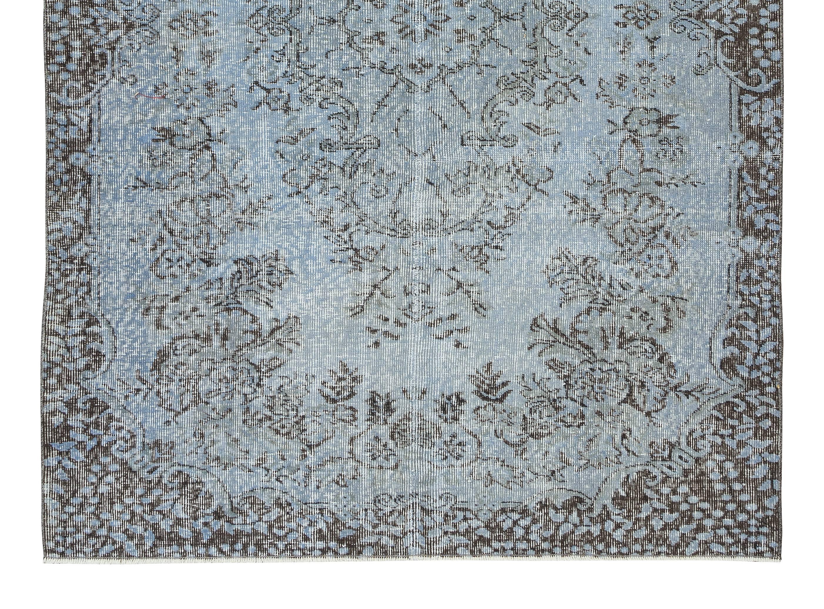 20th Century 5.3x7.8 Ft Modern Handmade Rug. Turkish Vintage Carpet Over-Dyed in Light Blue For Sale