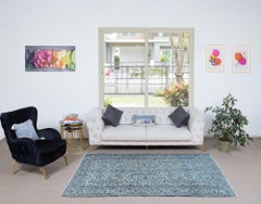 5.3x8 Ft Ethnic Handmade Turkish Rug in Light Blue, Vintage Floral Carpet