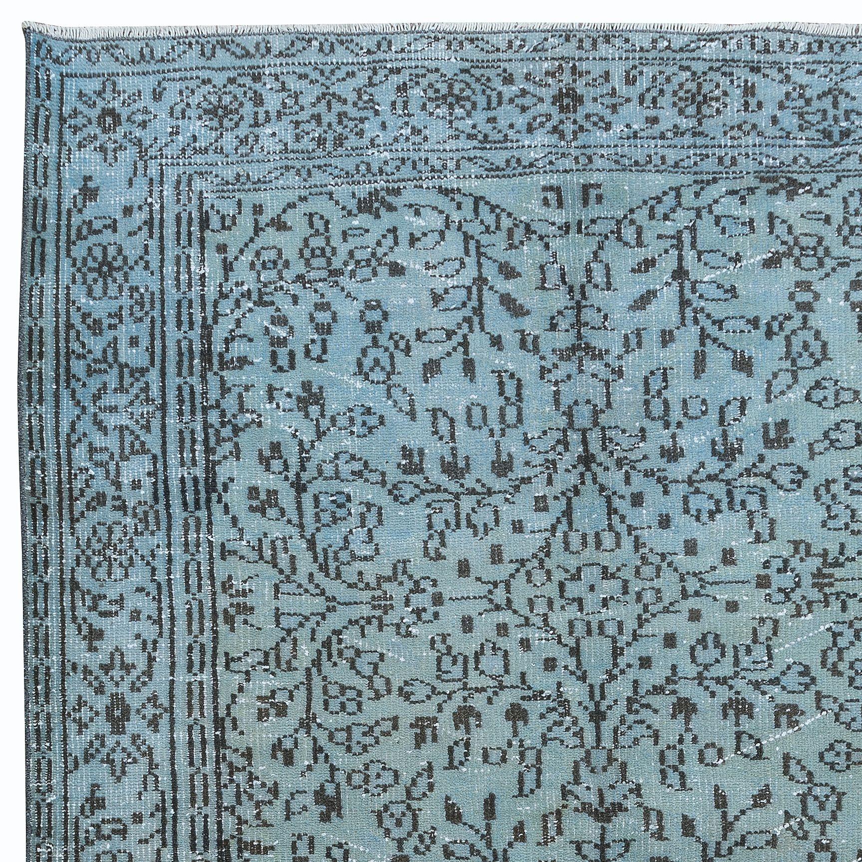 Hand-Woven 5.3x8 Ft Ethnic Handmade Turkish Rug in Light Blue, Vintage Floral Carpet For Sale