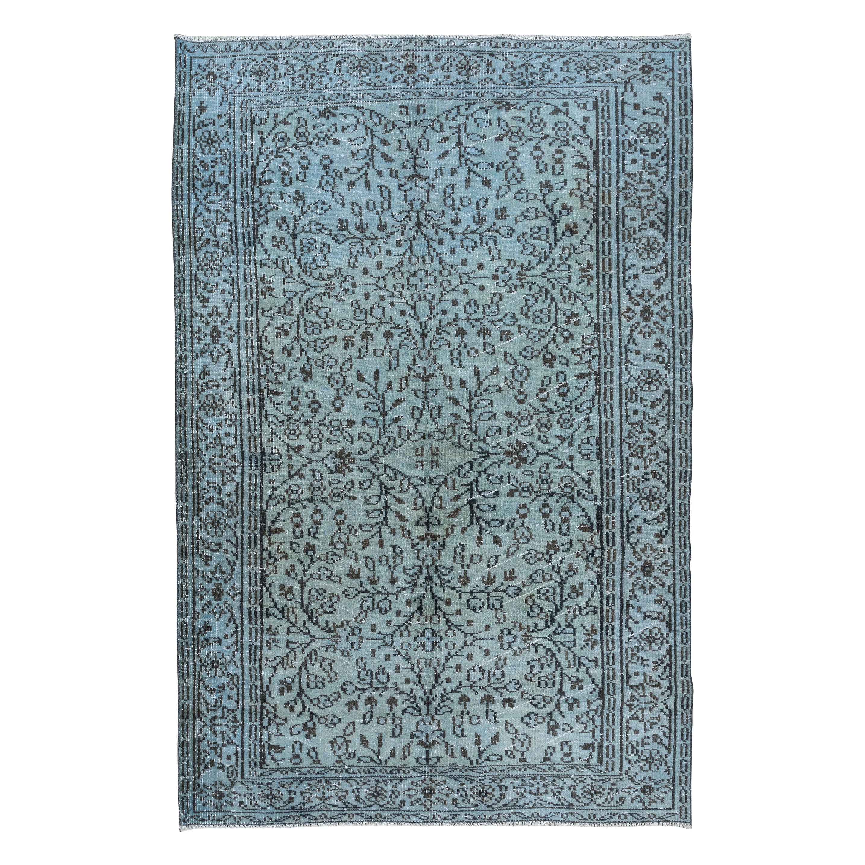 Tappeto etnico turco fatto a mano 5.3x8 Ft in azzurro, tappeto floreale vintage