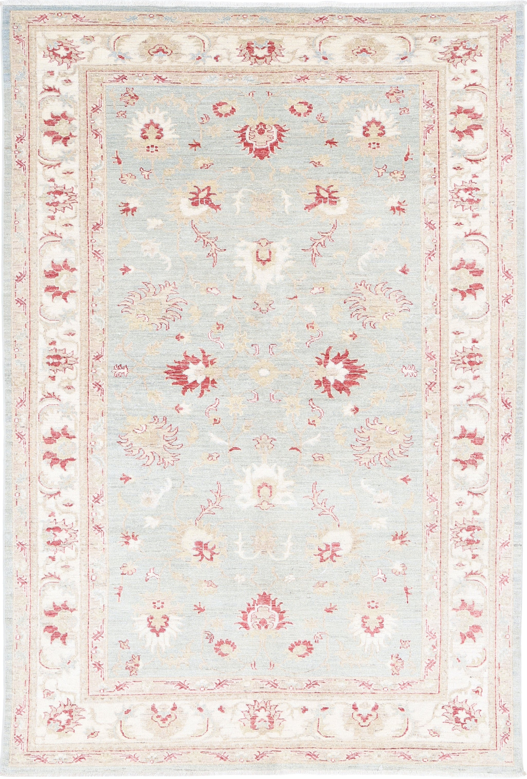 5.3x8 ft Hand Knotted Light Blue and Beige Wool Area Rug with Floral Design For Sale