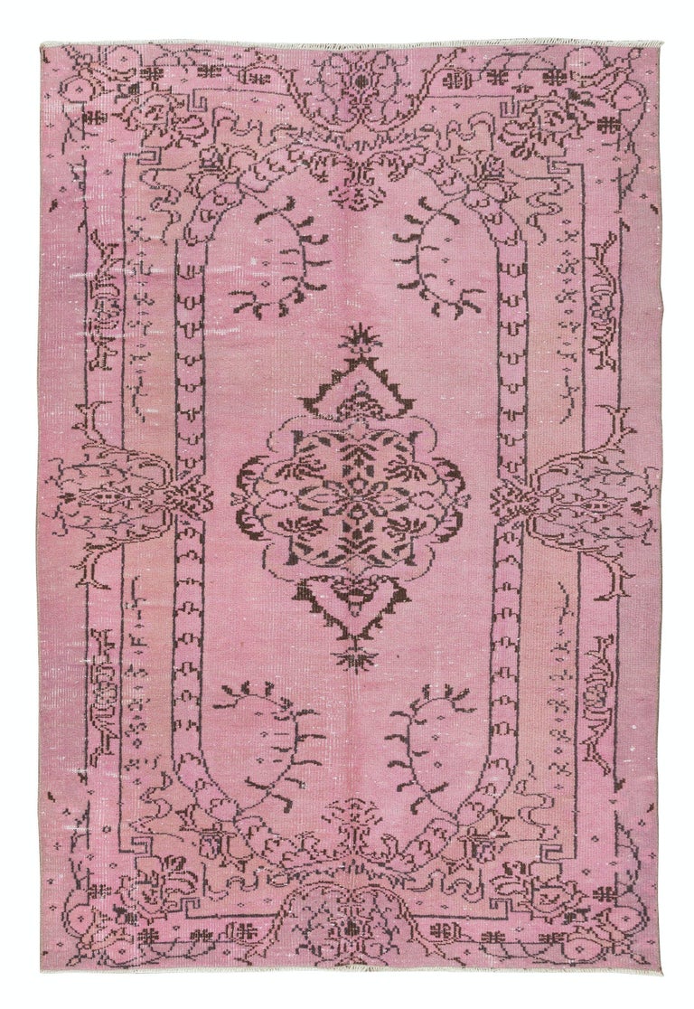 Pink Turkish Rug Pattern 5.3x8 Ft Mid-Century Handmade Turkish Rug Over-Dyed in Pink for Modern ...
