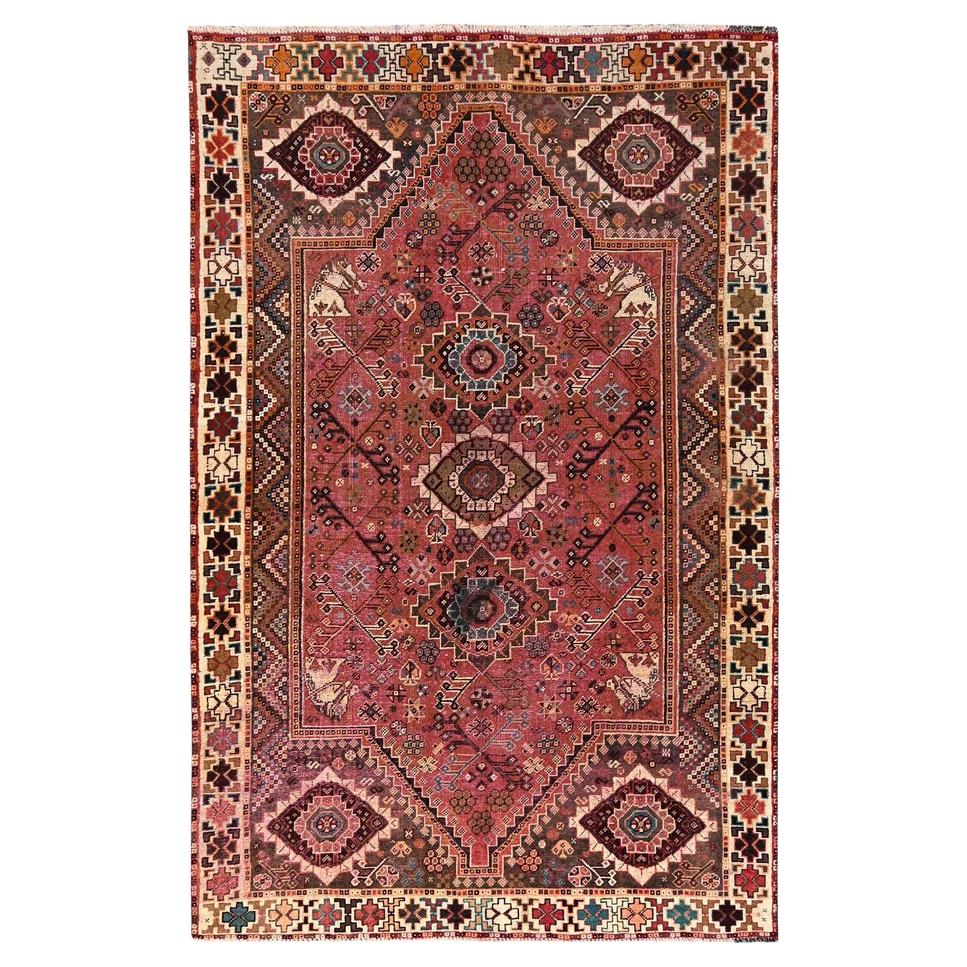 5
3"x8
 Pink Vintage Persian Shiraz with All Over Design Hand Knotted Wool Rug