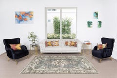 Distressed Look Vintage Handmade Turkish Oushak Rug in Green & Beige